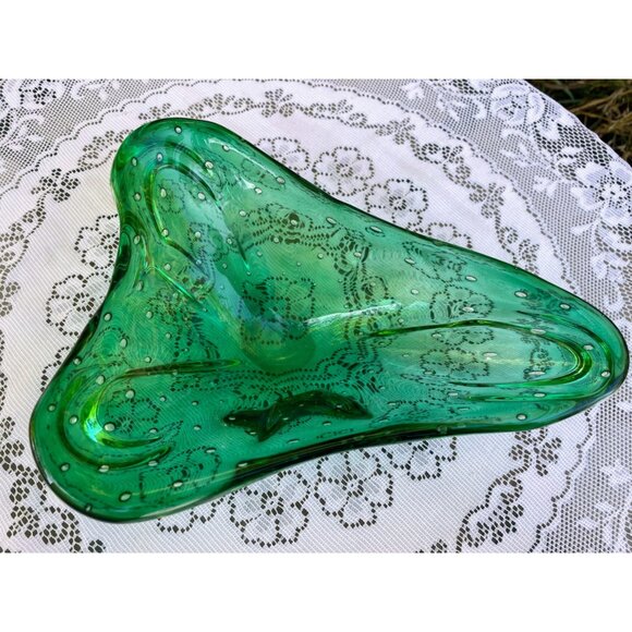 Vintage MCM Green Murano Bullicante Dish Boomerang Shape Bubbles